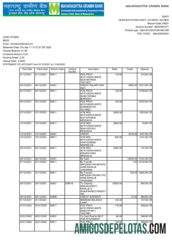 Modelo realista de extrato bancário da Índia Maharashtra, formato Word e PDF, 2 páginas